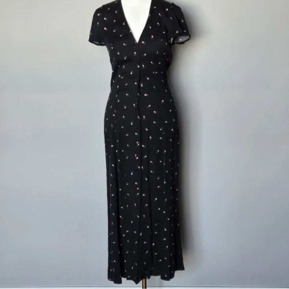 Reformation Black Button Front Dress with Pink Rosebud Pattern